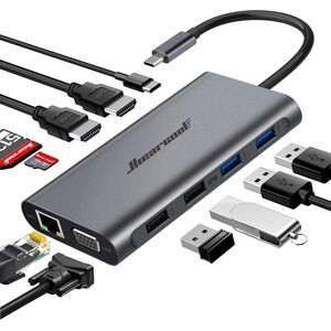 Hiearcool USB-C Hub‎ 11-in-1 Triple Display Docking Station HDMI VGA LAN SD USB